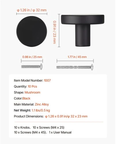Koduva Spintelių rankenėlės VEVOR 1007, 10 vnt., 32 mm, juodos, cinko lydinys