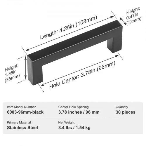 Koduva Spintelių rankenėlės VEVOR, 30 vnt., nerūdijantis plienas, matinė juoda, 108 mm, atstumas tarp skylių 96 mm