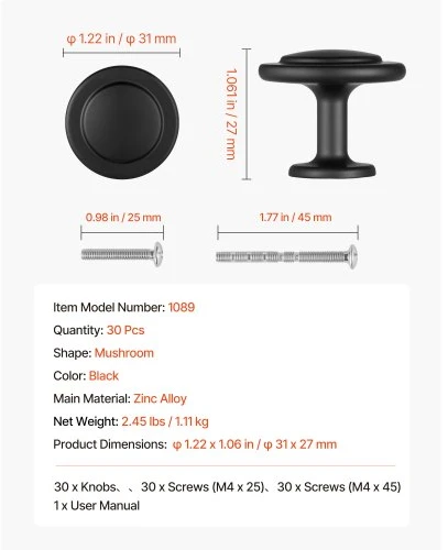VEVOR Spintelių rankenėlės, 30 vnt., 31 mm, juodos, cinko lydinys