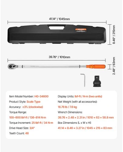 VEVOR Spragtelėjantis dinamometrinis raktas HG-34600, 19 mm, 136-814 Nm, legiruotas plienas