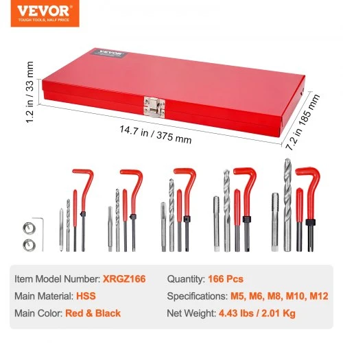 VEVOR Sriegių taisymo rinkinys XRGZ166, HSS, 166 dalių, raudona / juoda, M5 M6 M8 M10 M12