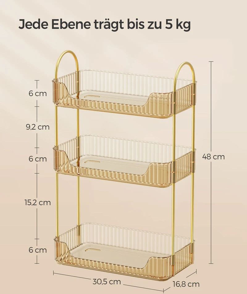 Songmics Stačiakampis makiažo organizatorius, 3 aukštų, reguliuojamas, šampano aukso, 30,5 x 16,8 x 48 cm