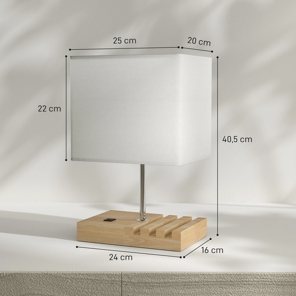 Aosom Stalinė lempa su USB jungtimis, mediena, audinys, baltas, 25 x 20 x 40,5 cm