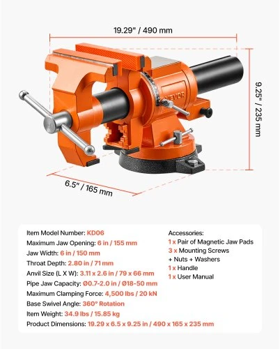 VEVOR Stalinis spaustuvas KD06, 150 mm, pasukamas 360°, 155 mm