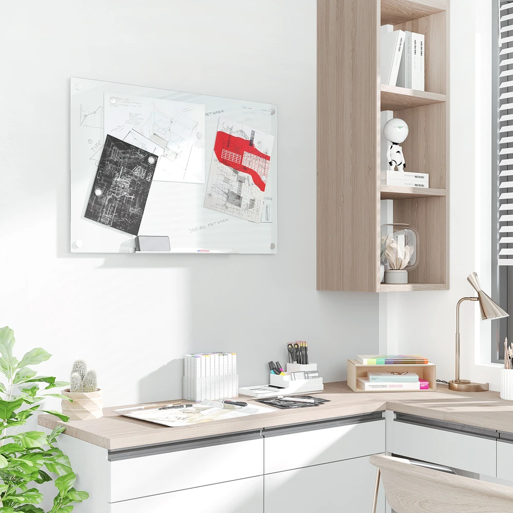 Aosom Stiklinė lenta, balta, 90 x 60 cm, 4 markeriai, 6 magnetai, 1 šluostė, 1 lentynėlė