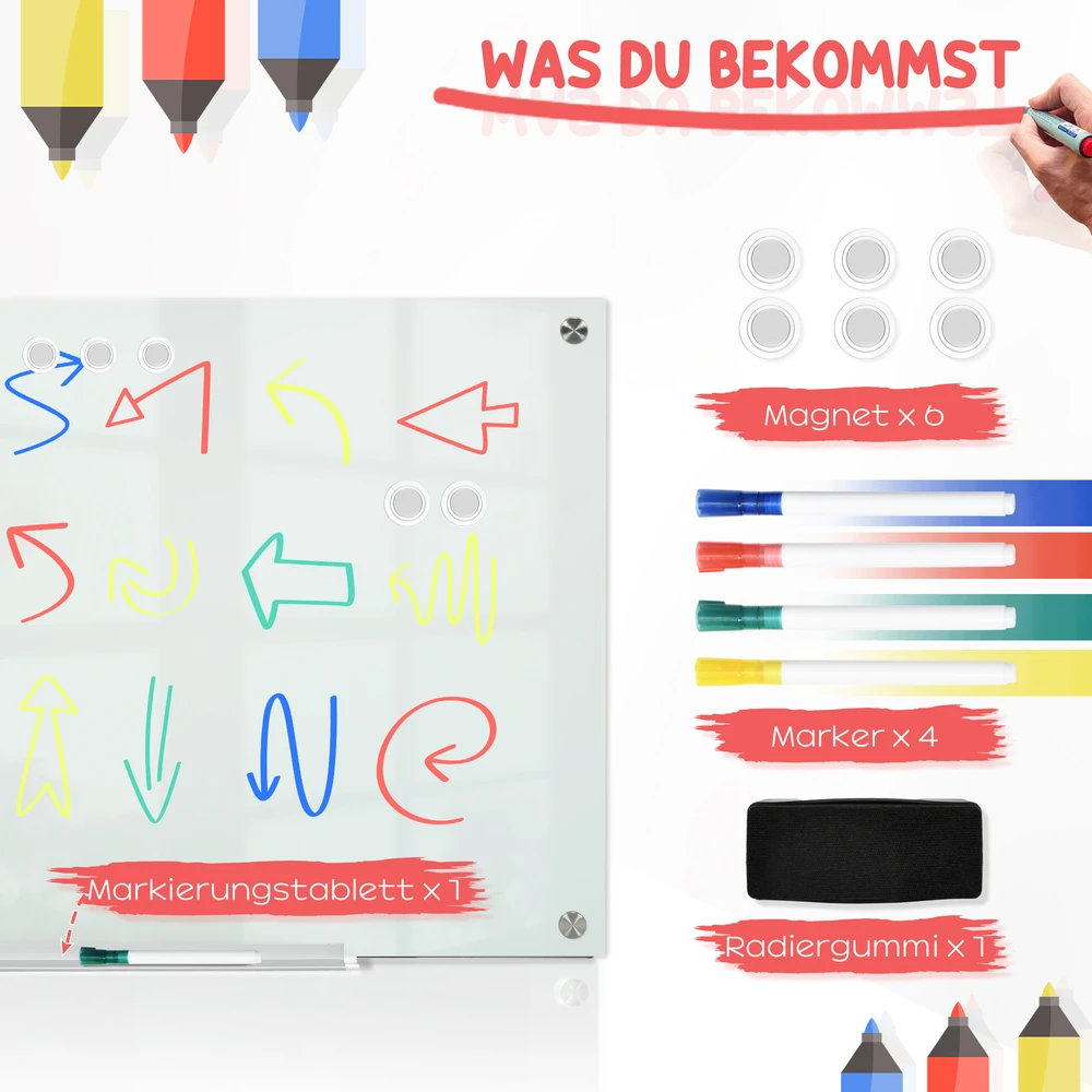Aosom Stiklinė lenta, balta, 90 x 60 cm, 4 markeriai, 6 magnetai, 1 šluostė, 1 lentynėlė