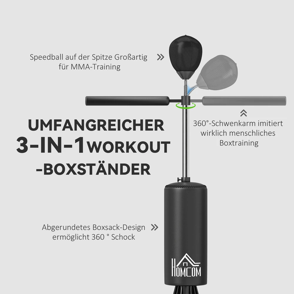 Aosom Stovimas bokso maišas su speedball ir reakcijos strypu, reguliuojamas aukštis 155-205 cm, juodas