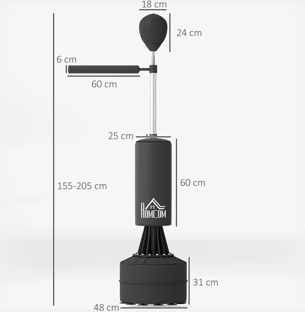 Aosom Stovimas bokso maišas su speedball ir reakcijos strypu, reguliuojamas aukštis 155-205 cm, juodas