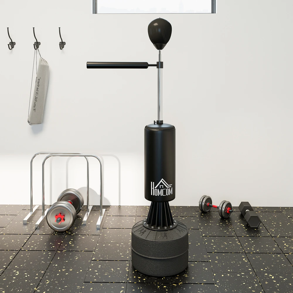 Aosom Stovimas bokso maišas su speedball ir reakcijos strypu, reguliuojamas aukštis 155-205 cm, juodas