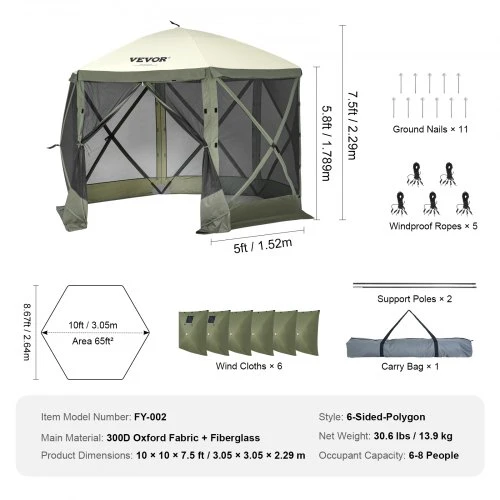 VEVOR Stovyklavimo pavėsinė su tinkleliu FY-002, 6 kampų, 305 x 305 x 229 cm, armijos žalia