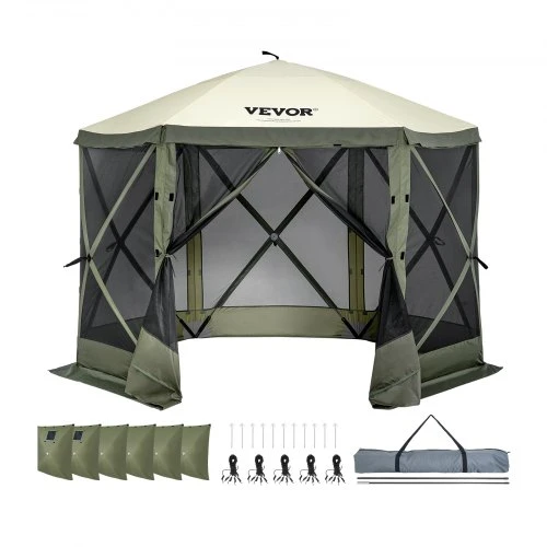 VEVOR Stovyklavimo pavėsinė su tinkleliu FY-002, 6 kampų, 305 x 305 x 229 cm, armijos žalia