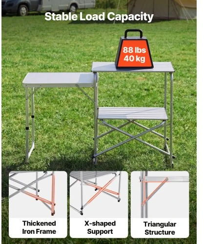 VEVOR Stovyklavimo virtuvės stalas 12045, sulankstomas, su šoniniu staliuku ir nešiojimo krepšiu, 117 x 45 x 80 cm