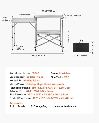 VEVOR Stovyklavimo virtuvės stalas 12045, sulankstomas, su šoniniu staliuku ir nešiojimo krepšiu, 117 x 45 x 80 cm
