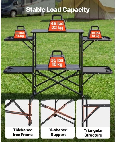 VEVOR Stovyklavimo virtuvės stalas 13045, sulankstomas, su 4 šoniniais staliukais, 130 x 45 x 90 cm
