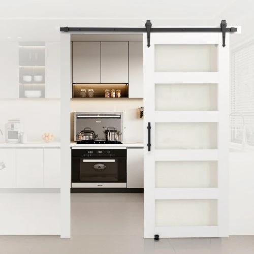 Koduva Stumdomos tvarto durys VEVOR, 91 x 213 cm, baltos, MDF, mediena ir stiklas, su furnitūros rinkiniu