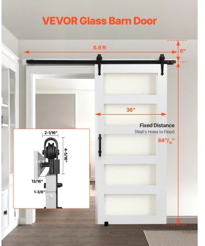 Koduva Stumdomos tvarto durys VEVOR, 91 x 213 cm, baltos, MDF, mediena ir stiklas, su furnitūros rinkiniu