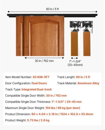 VEVOR Stumdomų durų apkaustų rinkinys XC40B-5FT, dvigubas bėgelis, aliuminio lydinys, 152,4 cm, 2 durims