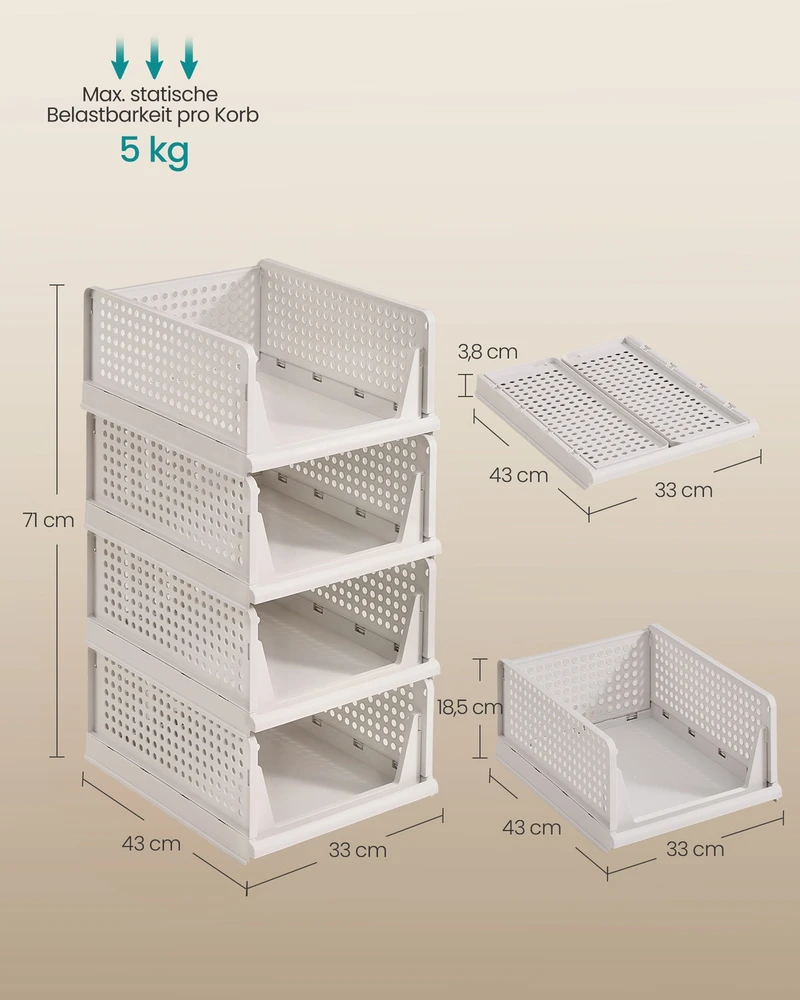 Songmics Sudedamas spintos organizatorius, 4 vnt., baltas, PP plastikas, 43 x 33 x 18,5 cm