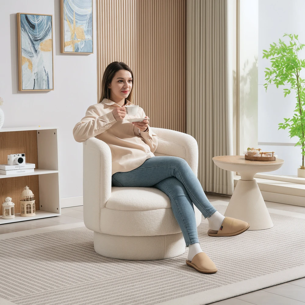 Aosom Sukamasis minkštas fotelis, modernus lounge stiliaus, kaučiukmedžio rėmas, kreminė balta, 74 cm
