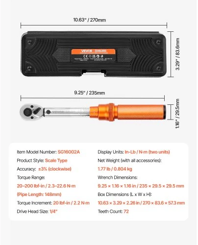 VEVOR Sukimo momento rakto rinkinys, 6 mm pavara, 2,3-22,6 N·m, oranžinis