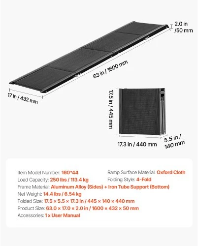 VEVOR Sulankstoma augintinio rampa automobiliui, 160 x 43 cm, juoda, iki 113 kg