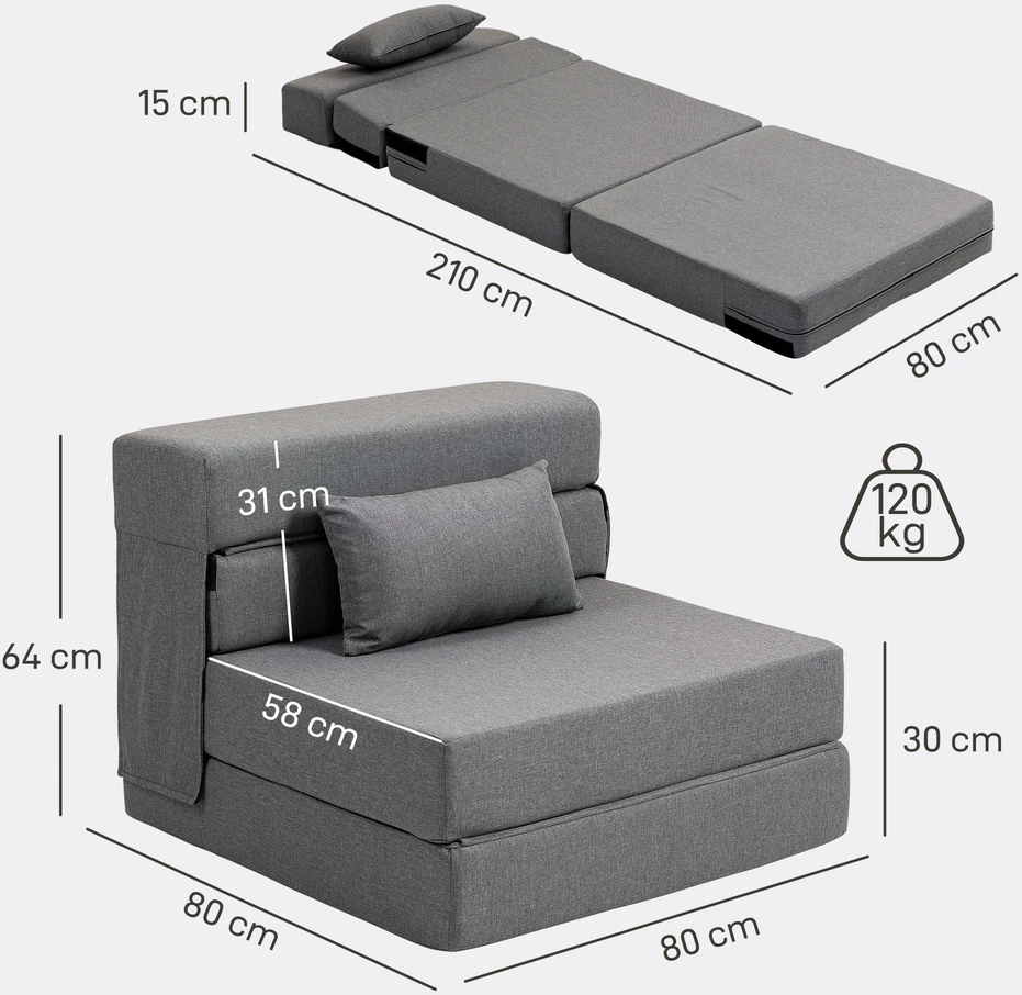 Koduva Sulankstoma grindų sofa-lova su pagalve, tamsiai pilka, 210 x 80 cm
