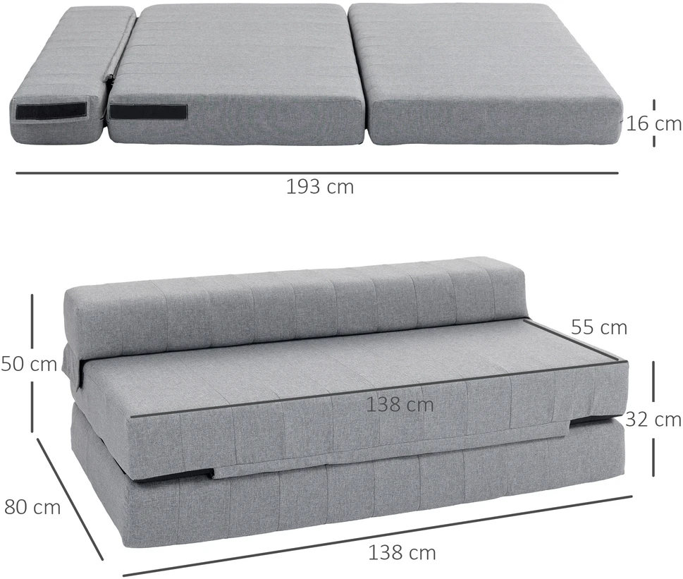 Fotelis Aosom Sulankstoma grindų sofa su miego funkcija, svečių lova, pilka, 138 x 80 x 50 cm