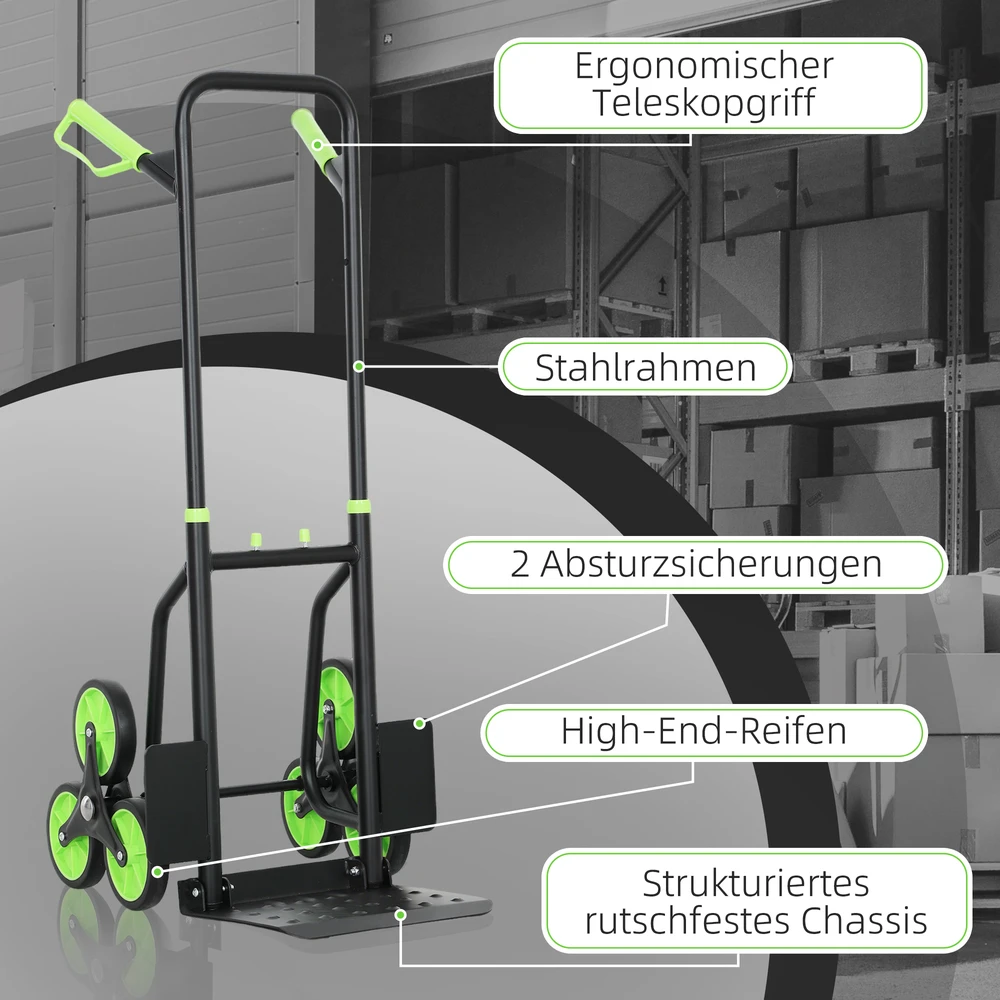 Aosom Sulankstoma laiptuojanti vežimėlis-krovininis vežimėlis su plieniniu rėmu, juoda, žalia, maks. 120 kg