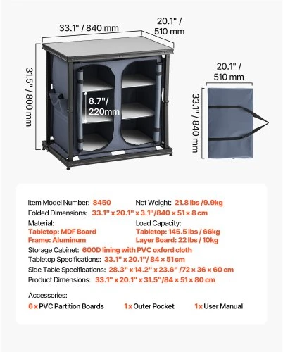 VEVOR Sulankstoma stovyklavimo daiktų spintelė 8450, aliuminis, 84 x 51 x 80 cm, su 6 lentynomis ir nešiojimo krepšiu