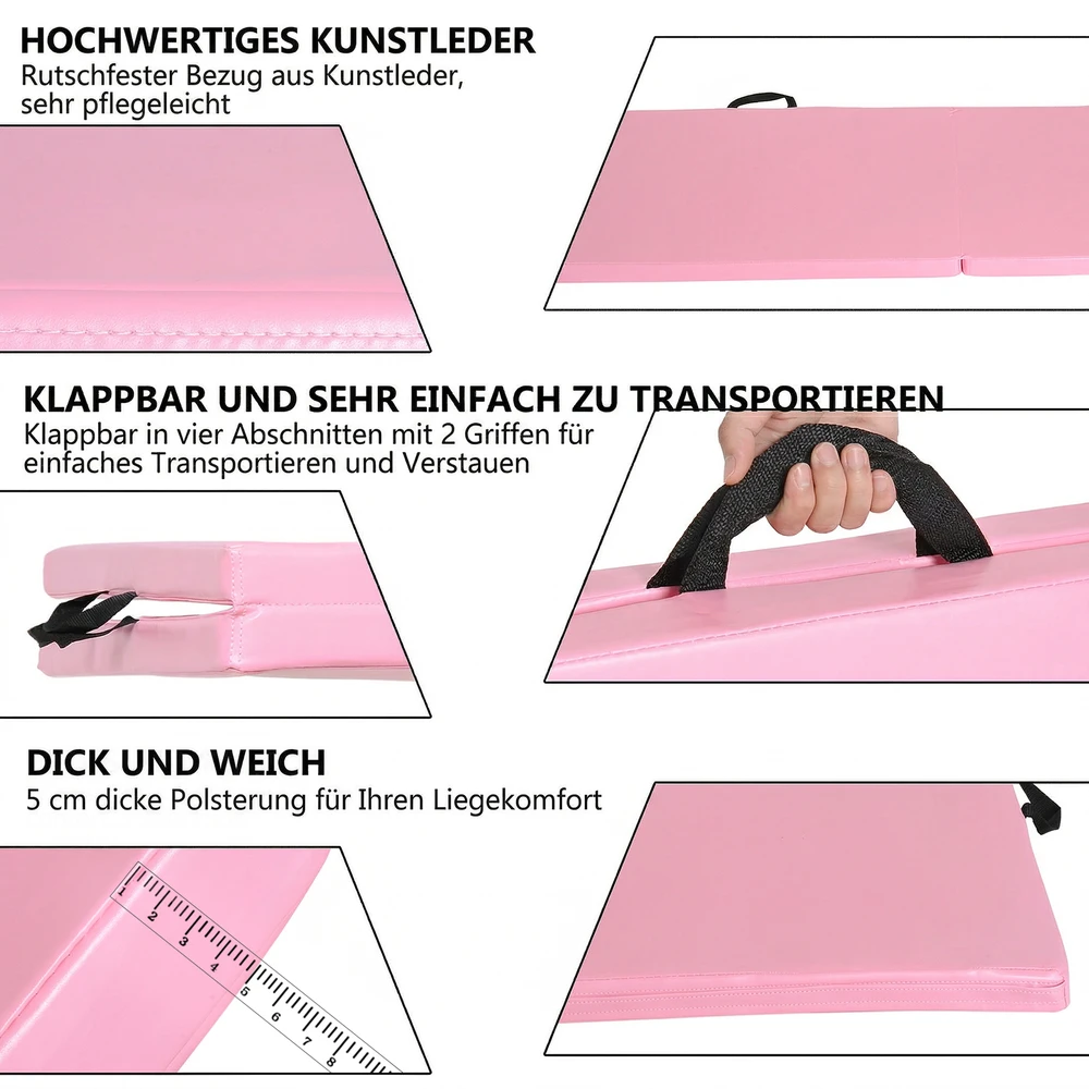 Aosom Sulankstoma treniruočių kilimėlis su rankenomis, 180 x 60 x 5 cm, rožinė