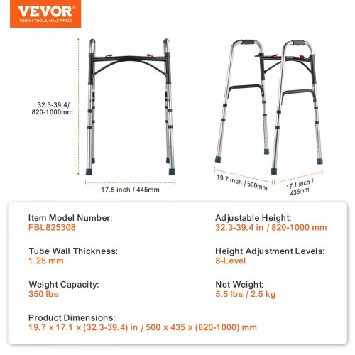 VEVOR Sulankstoma vaikštynė, aliuminė, reguliuojamas aukštis 82-100 cm, iki 159 kg