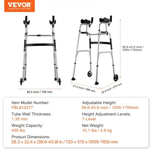 VEVOR Sulankstoma vaikštynė su nuimamais porankiais, aliuminis, reguliuojamas aukštis 101-116 cm, iki 204 kg