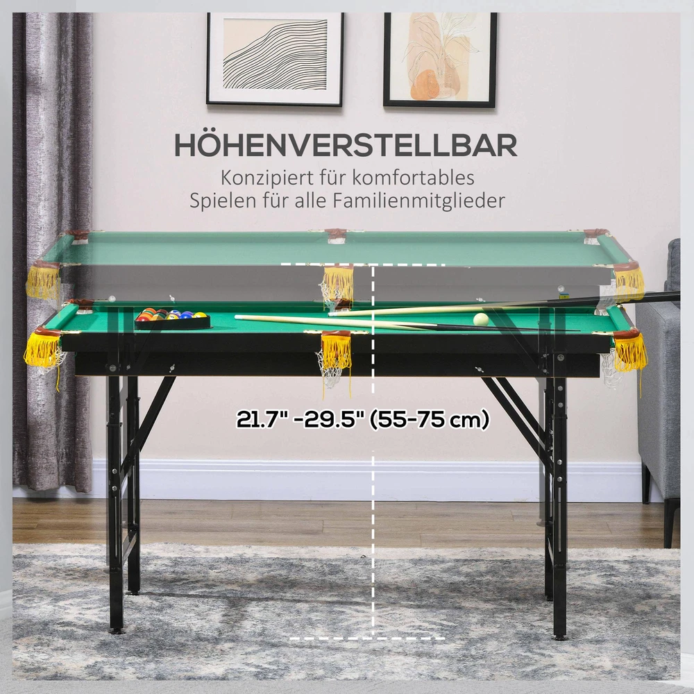 Koduva Sulankstomas biliardo stalas, reguliuojamas aukštis, žalias, 140 x 63 x 55-75 cm, su 2 lazdomis ir 16 kamuoliukų