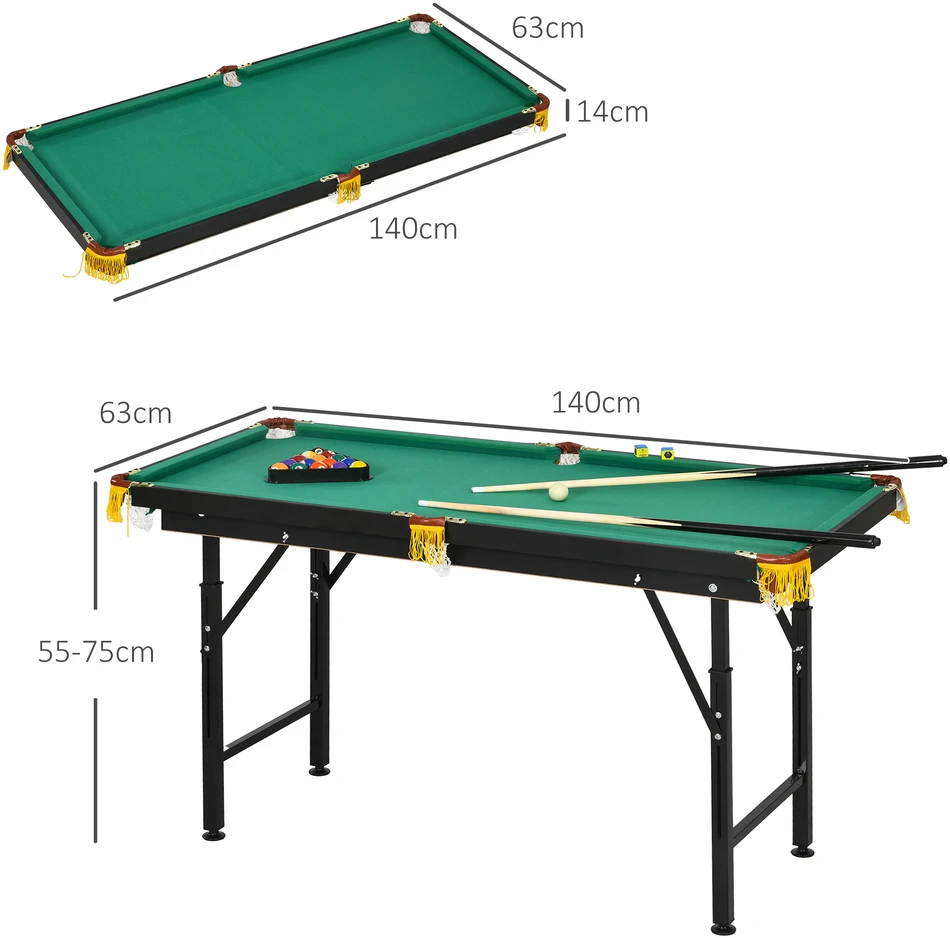 Koduva Sulankstomas biliardo stalas, reguliuojamas aukštis, žalias, 140 x 63 x 55-75 cm, su 2 lazdomis ir 16 kamuoliukų