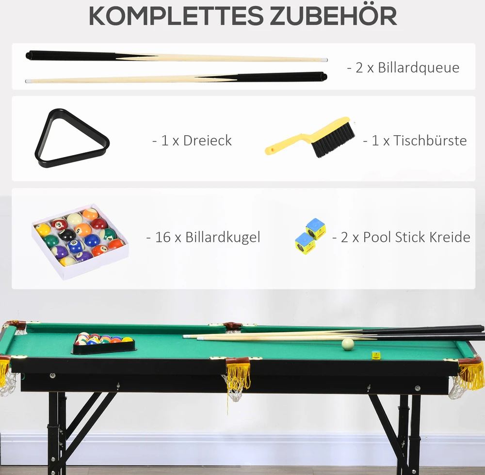 Koduva Sulankstomas biliardo stalas, reguliuojamas aukštis, žalias, 140 x 63 x 55-75 cm, su 2 lazdomis ir 16 kamuoliukų