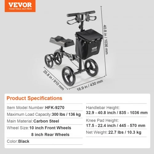 VEVOR Sulankstomas kelio paspirtukas HFK-9270, anglinis plienas, juodas, 91 x 43 x 104 cm