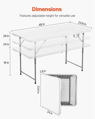 Koduva Sulankstomas kempingo stalas VEVOR, baltas, HDPE ir anglinis plienas, 122 x 60 cm