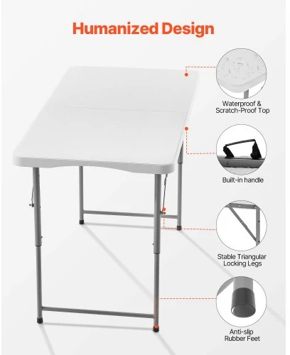 Koduva Sulankstomas kempingo stalas VEVOR, baltas, HDPE ir anglinis plienas, 122 x 60 cm