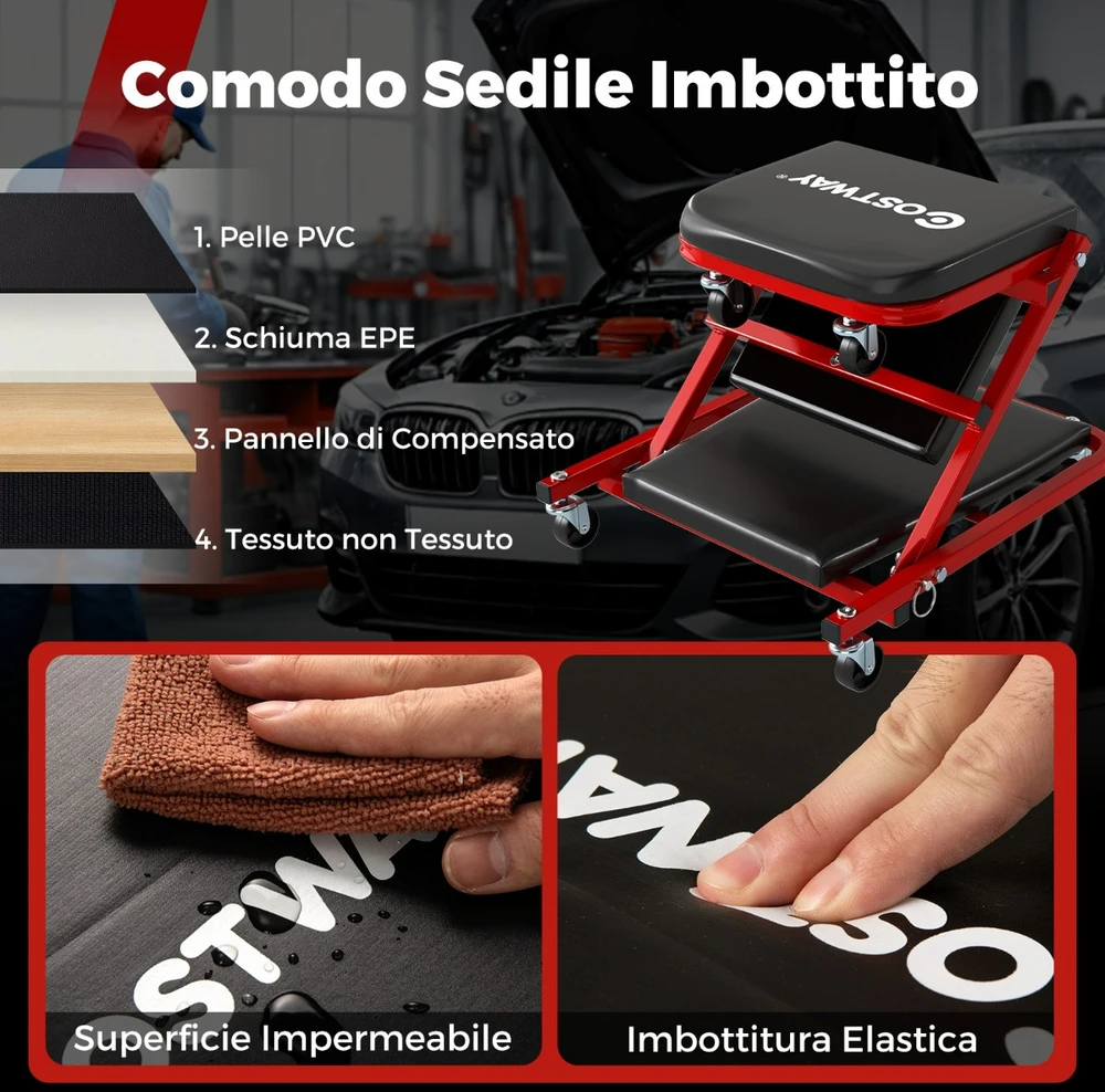 Promotion Sulankstomas mechaniko kėdė su 6 ratukais, juoda-raudona