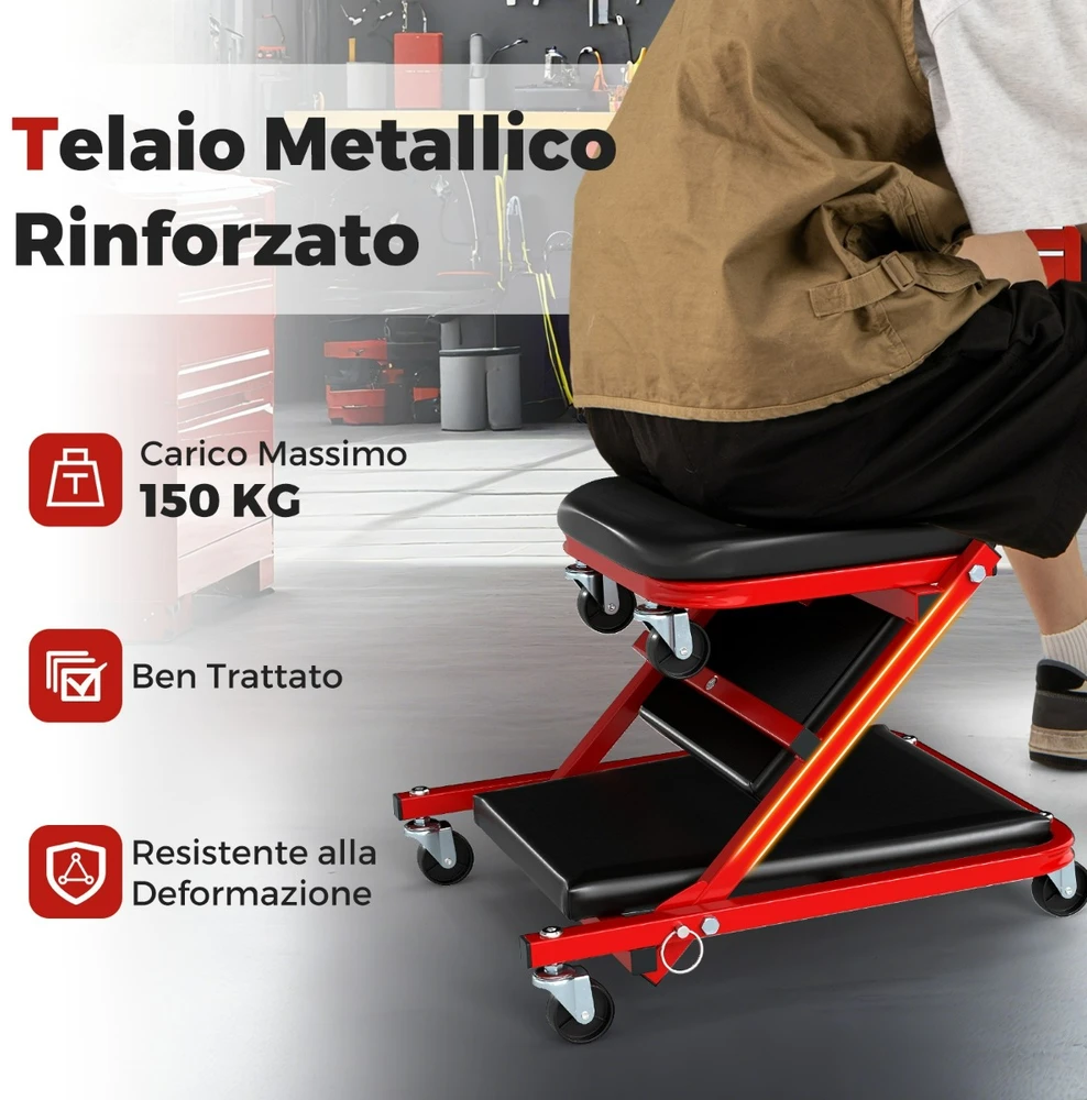 Promotion Sulankstomas mechaniko kėdė su 6 ratukais, juoda-raudona