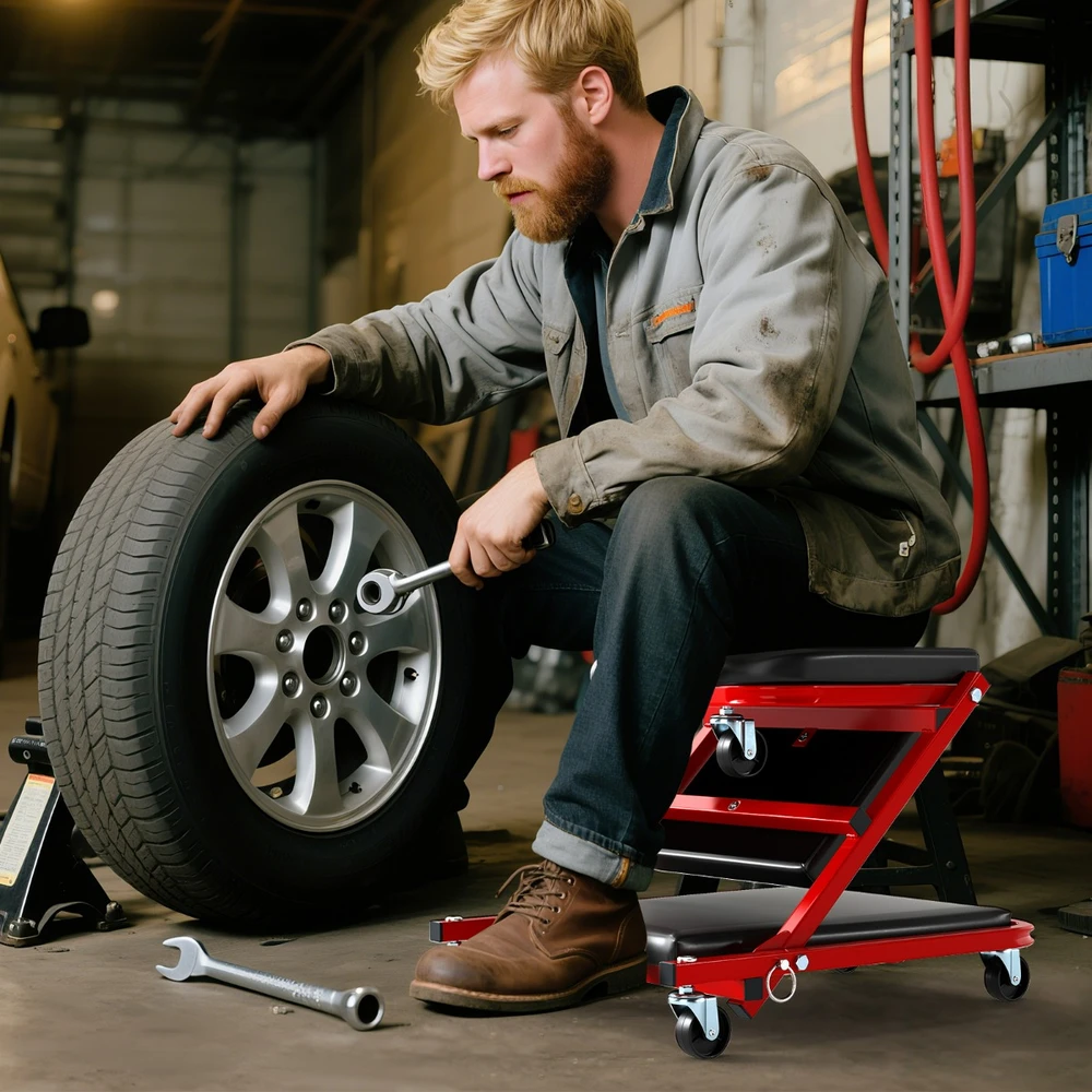 Promotion Sulankstomas mechaniko kėdė su 6 ratukais, juoda-raudona