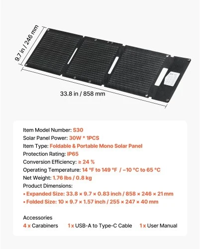 VEVOR Sulankstomas monokristalinis saulės skydelio įkroviklis S30, 30 W, su USB-A, USB-A (QC3.0) ir Type-C jungtimis