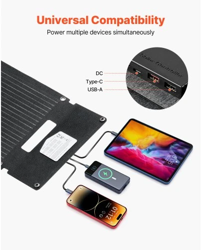 VEVOR Sulankstomas monokristalinis saulės skydelio įkroviklis S30, 30 W, su USB-A, USB-A (QC3.0) ir Type-C jungtimis
