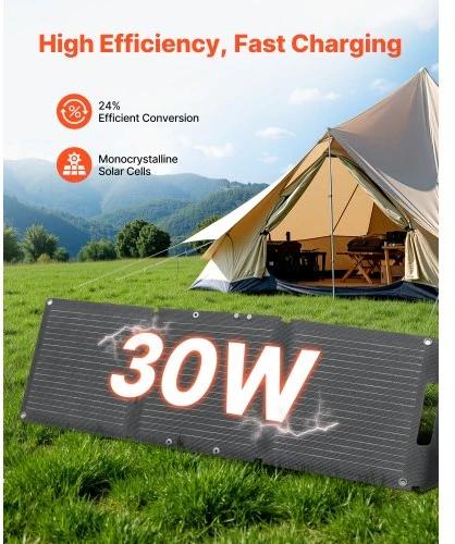 VEVOR Sulankstomas monokristalinis saulės skydelio įkroviklis S30, 30 W, su USB-A, USB-A (QC3.0) ir Type-C jungtimis