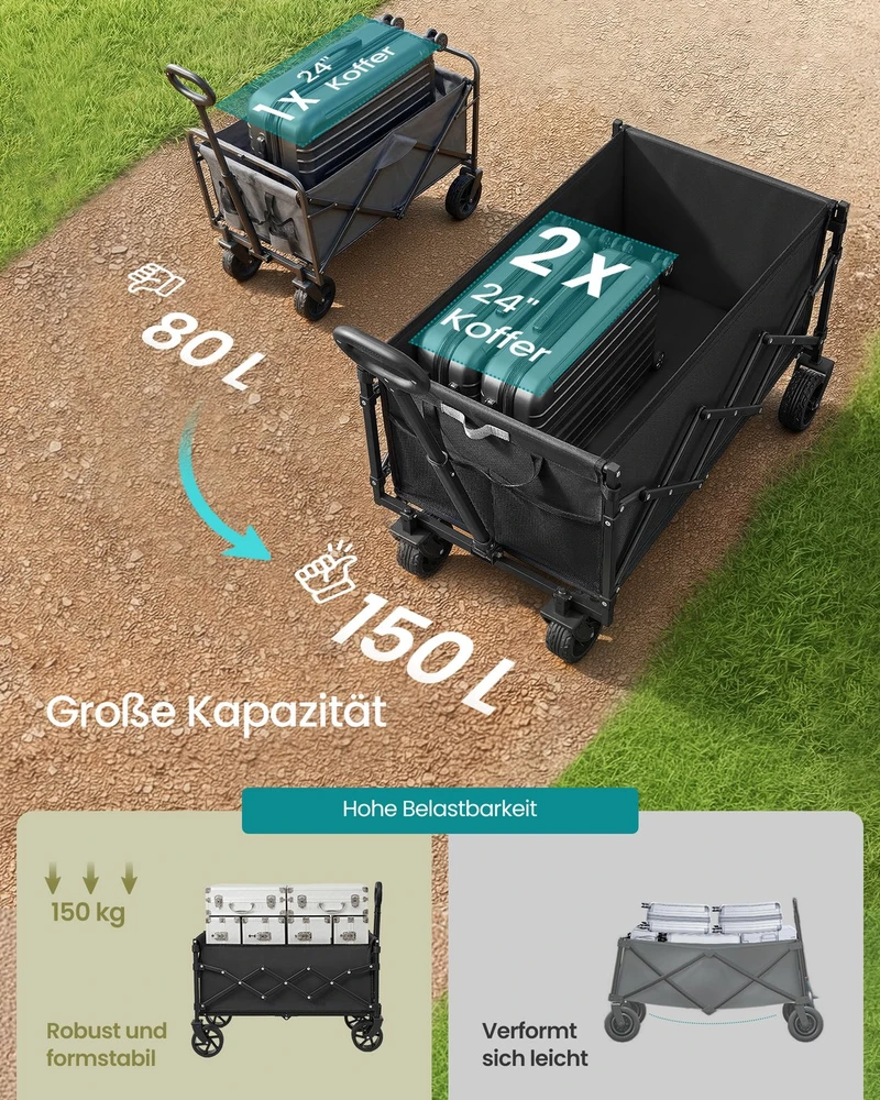 Koduva Sulankstomas rankinis vežimėlis, 150 l, plienas ir 600D Oksfordo audinys, juodas