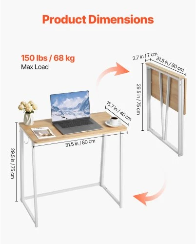 Koduva Sulankstomas rašomasis stalas VEVOR ZH605, 80 x 40 x 75 cm, ąžuolo spalvos / baltas