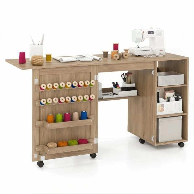 Promotion Sulankstomas siuvimo stalas / darbo stalas, rudas, MDF, 146 x 50 x 78 cm