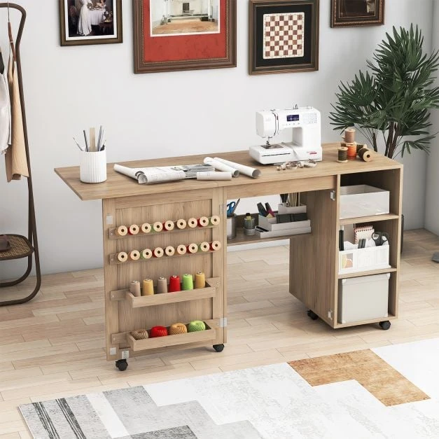 Promotion Sulankstomas siuvimo stalas / darbo stalas, rudas, MDF, 146 x 50 x 78 cm