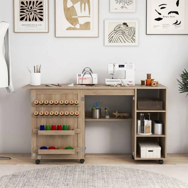 Promotion Sulankstomas siuvimo stalas / darbo stalas, rudas, MDF, 146 x 50 x 78 cm