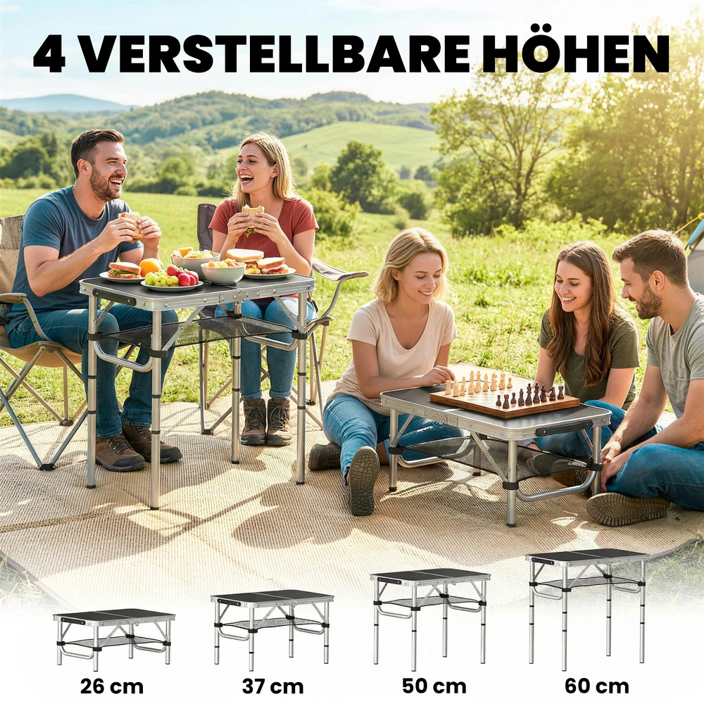 Aosom Sulankstomas stovyklavimo stalas su tinkliniu skyriumi, 4 aukščio padėtys, nešimo rankena, aliuminis, 60 x 40 x 26-60 cm, juodas